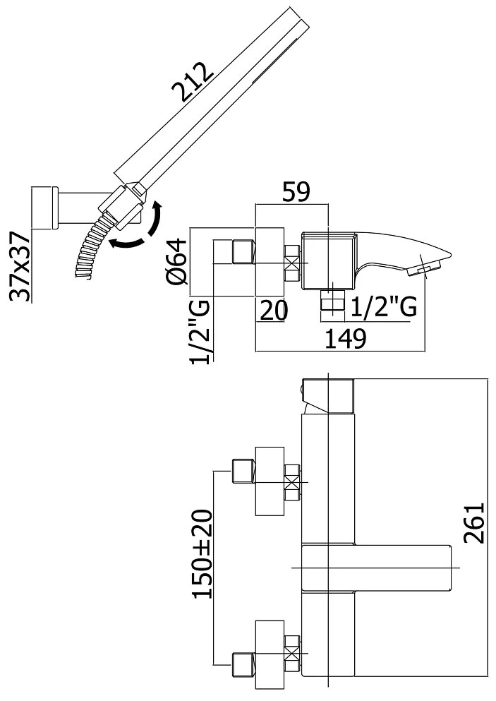 Miscelatore esterno vasca con doccetta supporto a muro snodato in abs e flessibile cromo lec023 level paffoni