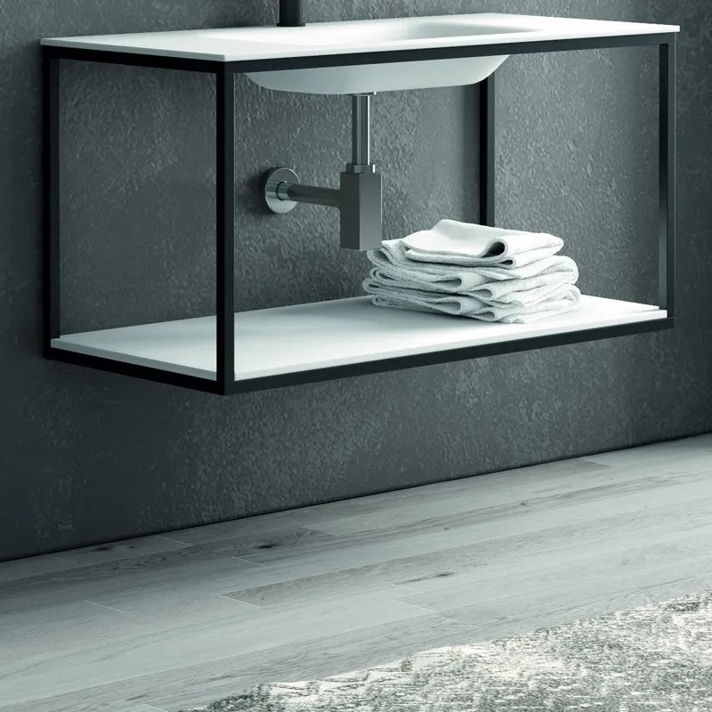 Composizione bagno metallica nera 100cm con lavabo e ripiano solid surface, specchio nero NICO-100N - KAMALU