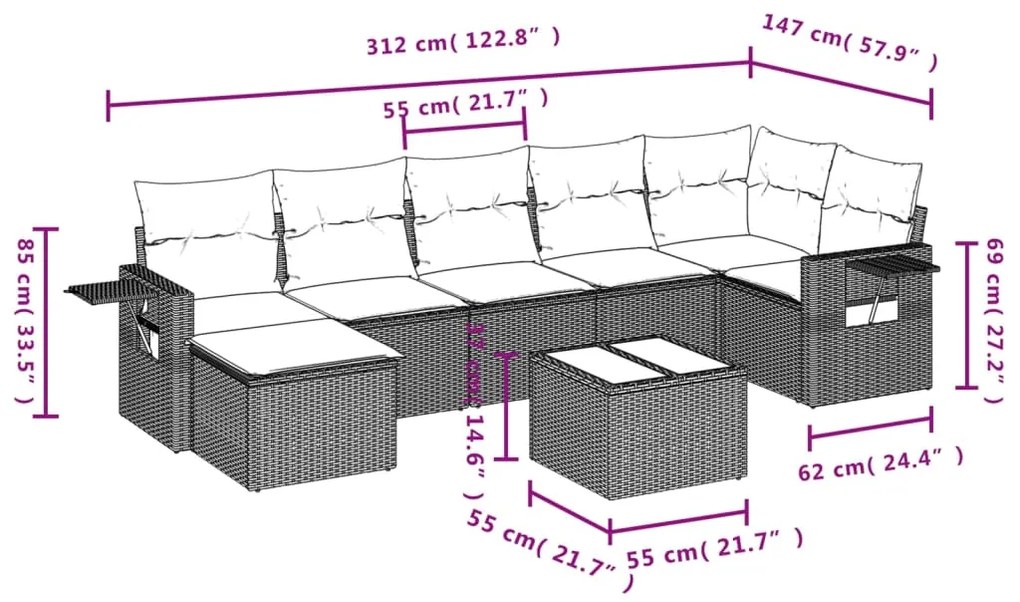 Set divano da giardino 8 pz con cuscini grigio in polyrattan