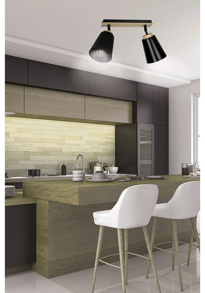 Plafoniera Faretti Spot Orientabili 2 Luci Xiwangmu Acciaio Nero E Legno Naturale