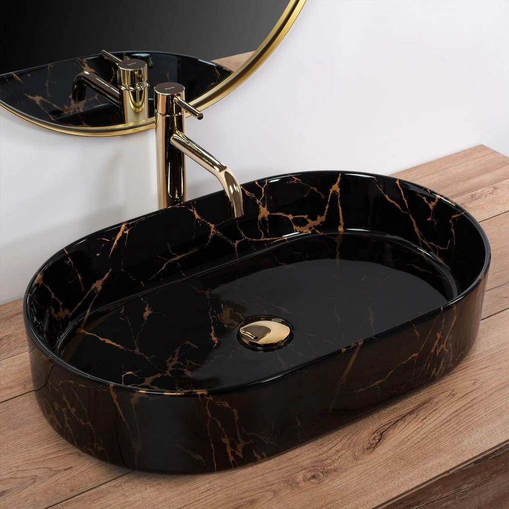 Lavabo da appoggio in ceramica Rea Nadia Black Marble Shiny