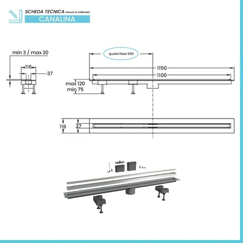 Canalina doccia 110 cm in alluminio reversibile con scarico laterale e piletta non inclusa