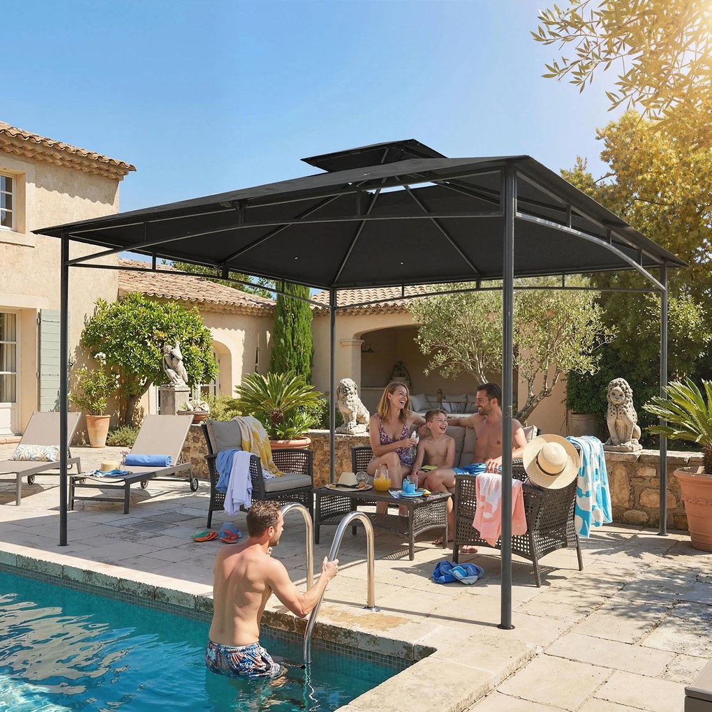 Gazebo da Giardino 300x300x285 cm con Doppio Tetto in Poliestere e Metallo Grigio Scuro...