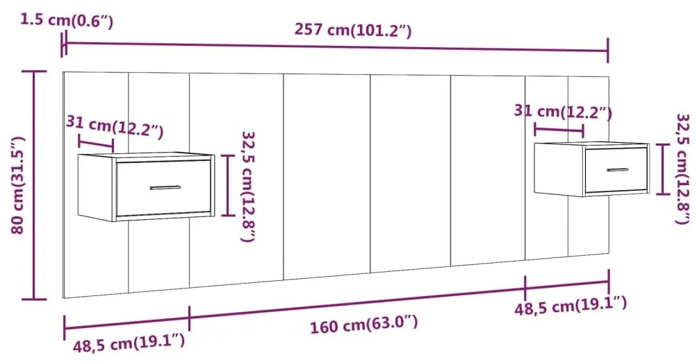 Testiera Letto con Comodini in Legno Multistrato Grigio Cemento