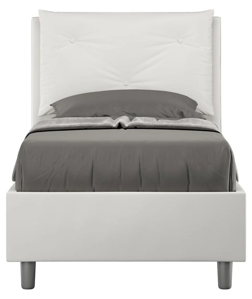Letto singolo imbottito similpelle Appia 80x210 senza rete, con rete, contenitore, Bianco / Contenitore