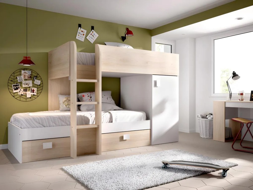 Letto a castello ad angolo reversibile - Vani portaoggetti integrati 2 x 90 x 190 cm Rovere e Bianco + materasso - RICARDO