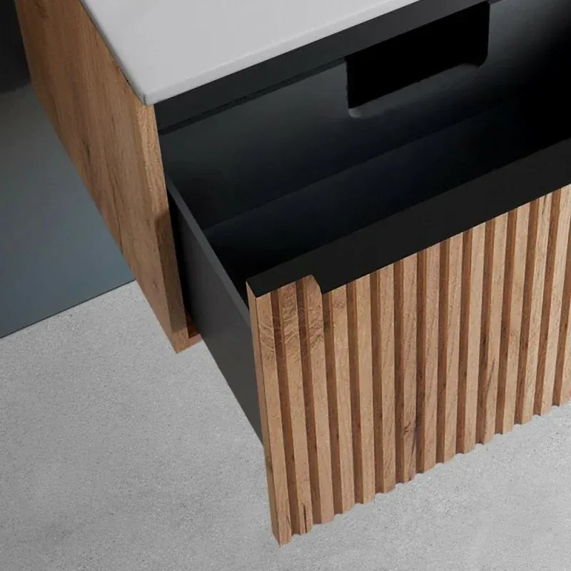 Mobile bagno sospeso 70 cm Rovere Africa cannettato con cassetto, specchio e lavabo Nara