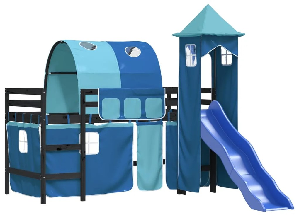 Letto a soppalco con torre bambini blu 80x200cm massello pino