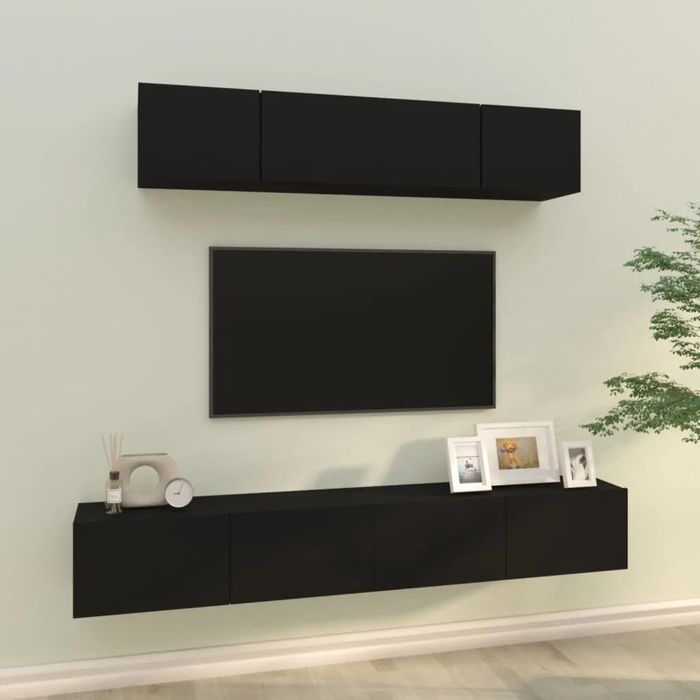 Set mobili porta tv 4 pz nero in legno multistrato