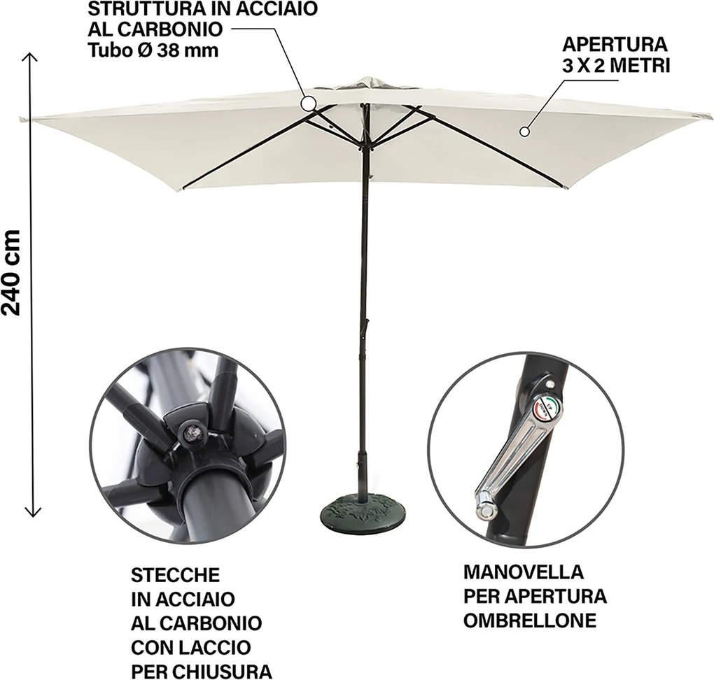 Ombrellone da Giardino Cuba 3x2 m Copertura in Poliestere Struttura in Acciaio Écru...