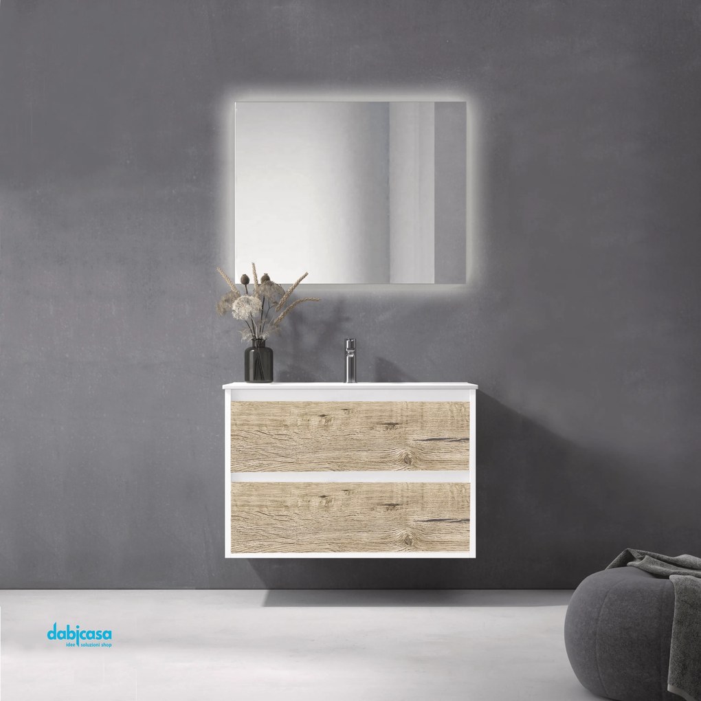 Mobile Bagno Sospeso "Zao" Da 80 Cm Composto Da Una Base Con Due Cassetti In Melaminico Finitura Nature C/Scocca Finitura Bianco Laccato Opaco