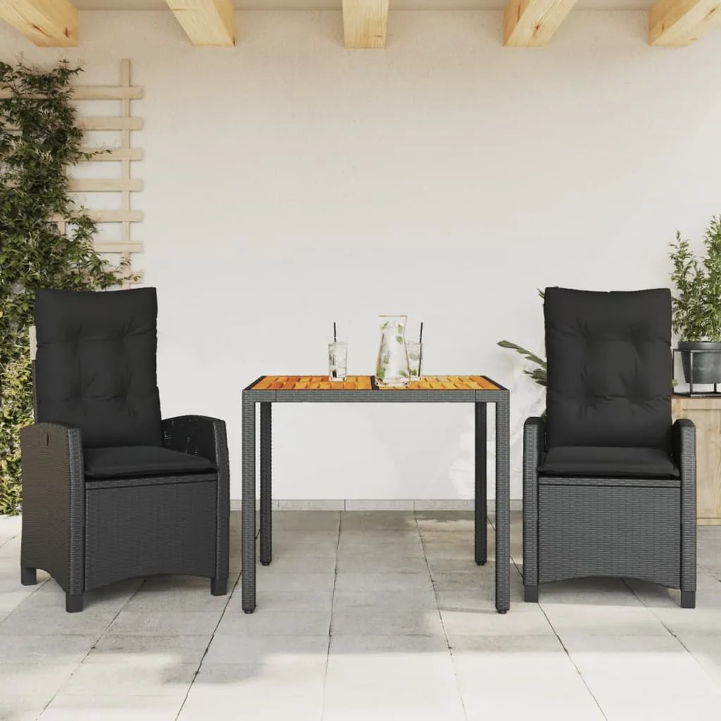 Set da Pranzo da Giardino 3 pz con Cuscini Nero in Polyrattan