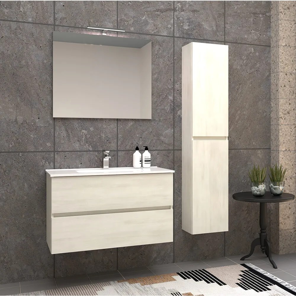 Mobile per bagno 90 cm bianco larice sospeso doppio cassetto Mod. Roxy con specchio filo lucido e colonna da 162 cm