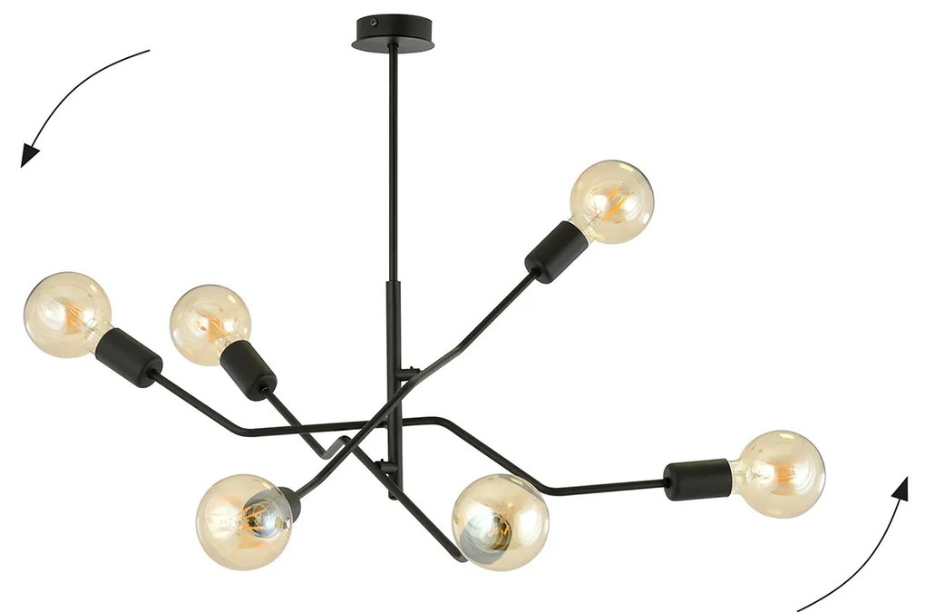 Sospensione Industrial 6 Luci Febe In Acciaio Nero E Bracci Regolabili
