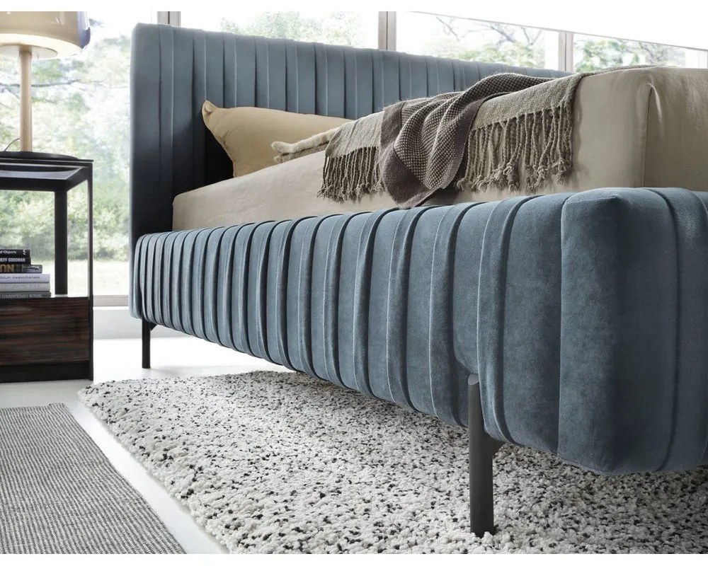 Letto matrimoniale imbottito blu con contenitore e rete inclusi 140x200 cm Plissa – ELTAP