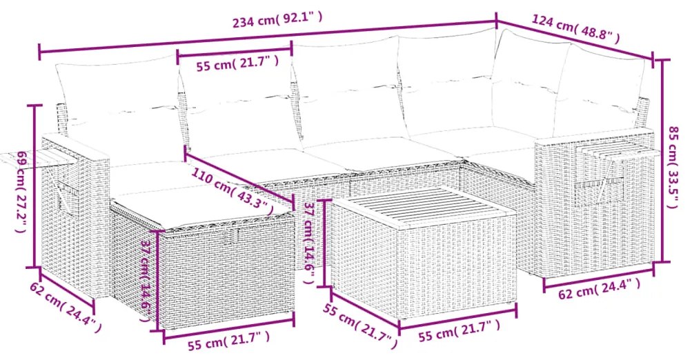 Set divani da giardino 7 pz con cuscini beige in polyrattan