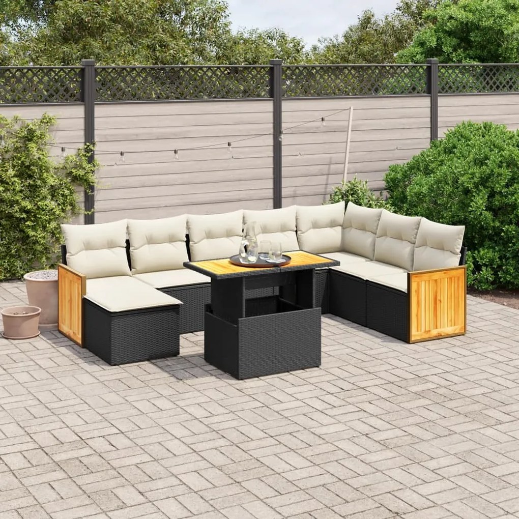 Set divani da giardino 9 pz con cuscini nero in polyrattan