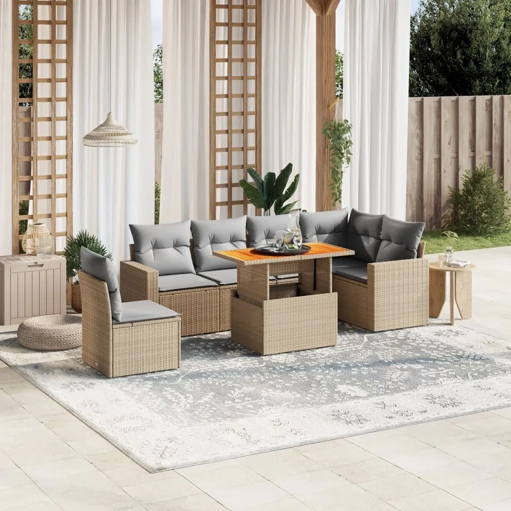 Set divani da giardino 7 pz con cuscini beige in polyrattan