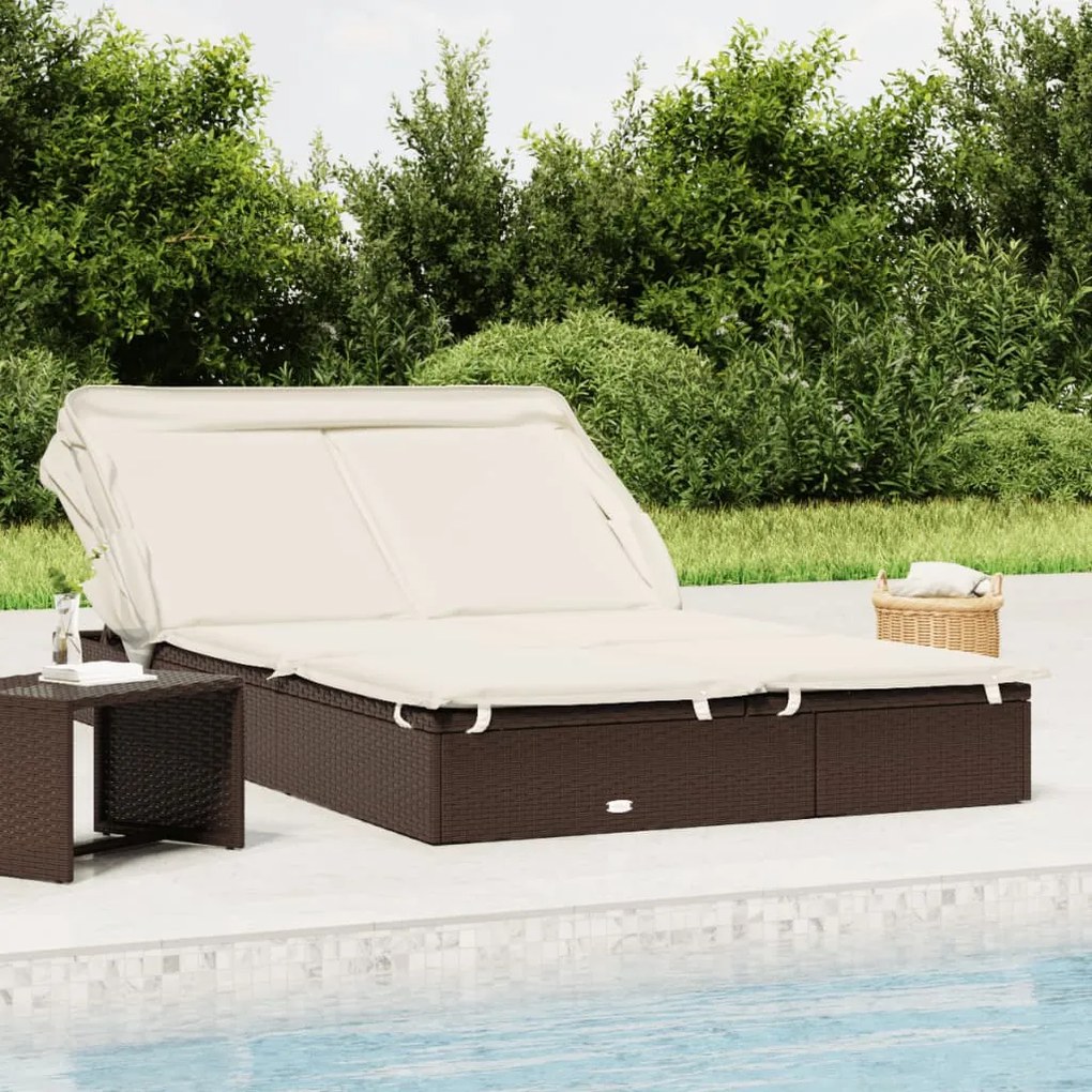 Lettino Doppio Tetto Pieghevole Marrone 213x63x97 Cm Polyrattan /