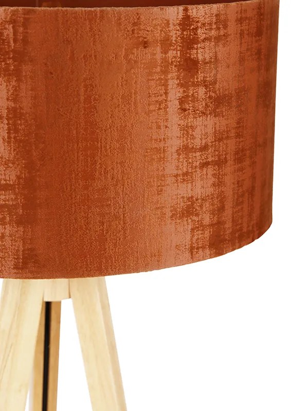 Lampada da terra in legno con paralume in tessuto arancione 50 cm - Tripod Classic