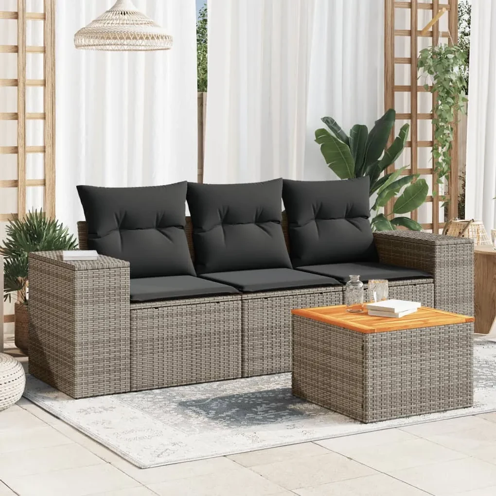 Set divani da giardino 4 pz con cuscini in polyrattan grigio