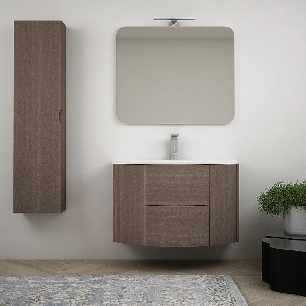 Mobile bagno sospeso 90 cm Rovere scuro design tondo con specchio filo lucido e colonna da 140 cm