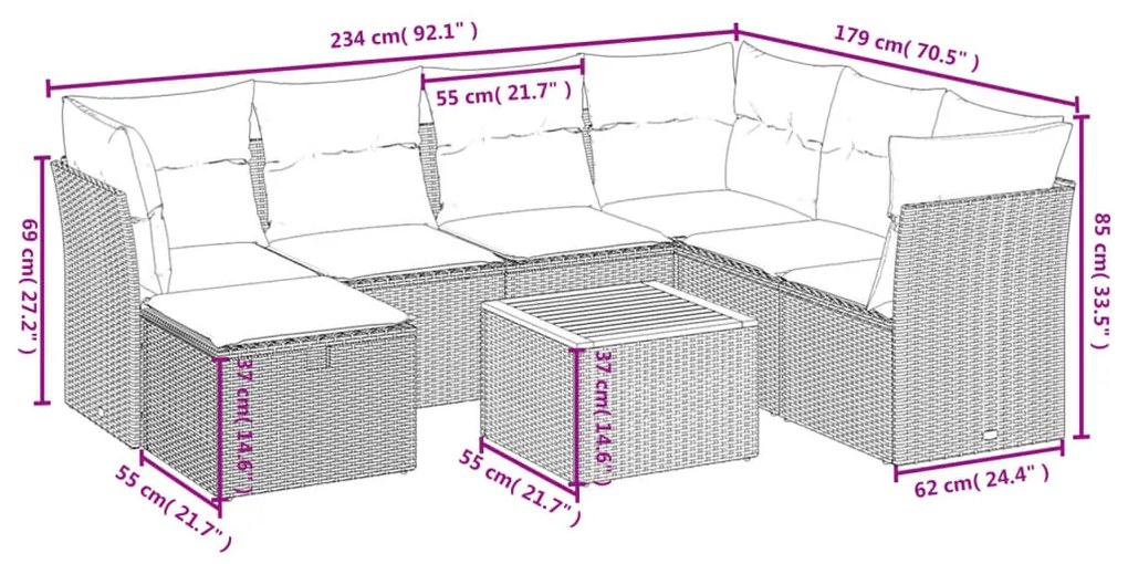 Set divani da giardino con cuscini 8 pz nero in polyrattan