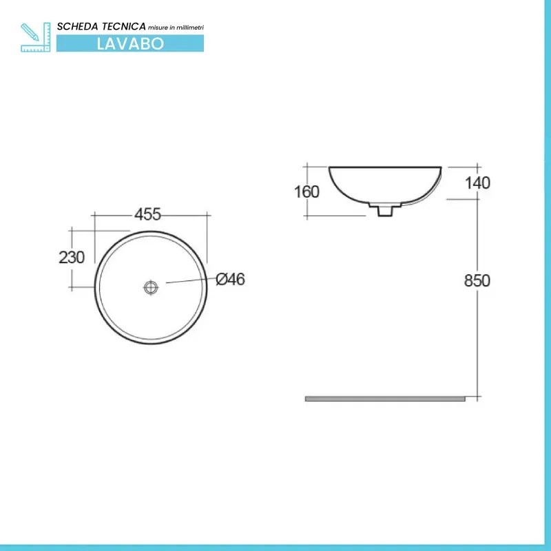 Lavabo da appoggio tondo 45,5x16 cm a ciotola Rak modello Diana