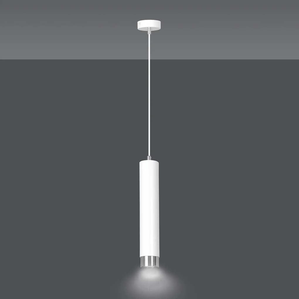 Sospensione 1 Luce Brunilde In Acciaio Bianco Con Tubolare In Bianco E Cromo
