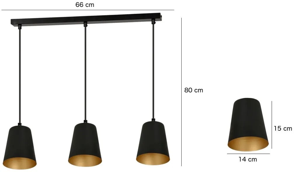 Lampadario 3 Luci Milargo In Acciaio Nero Con Paralumi A Cono In Nero E Oro