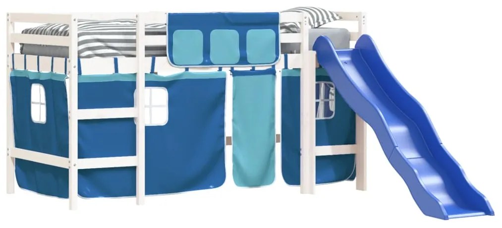 Letto a soppalco bambini con tende blu 90x190 cm massello pino