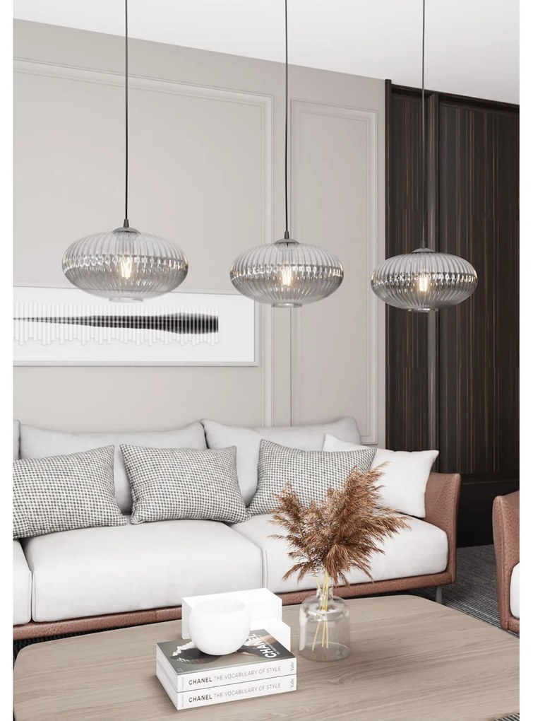 Lampadario 3 Luci Iris In Acciaio Nero Paralume Plissettato Fumè