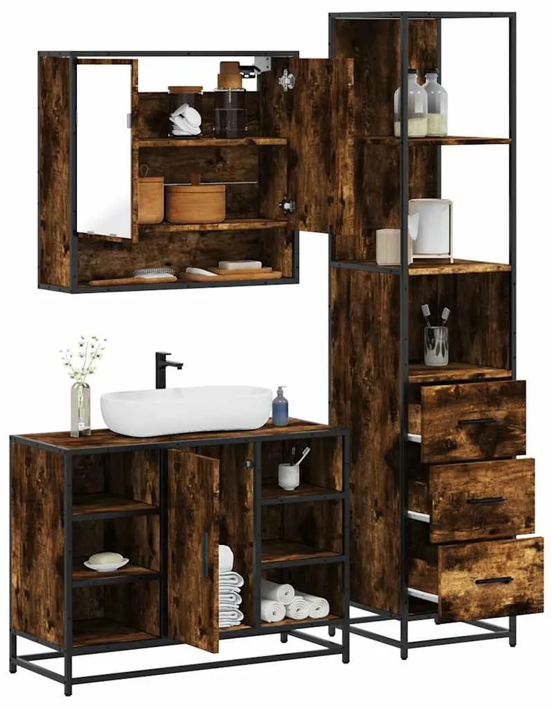 Set Mobili Da Bagno 3 Pz Rovere Fumo İn Legno Multistrato /