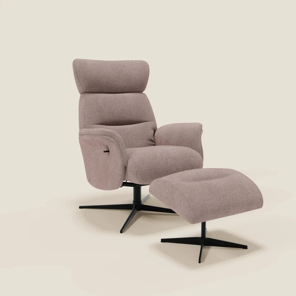 Lunor Poltrona relax reclinabile con pouf poggia-piedi in tessuto bouclé impermeabile T07 rosa