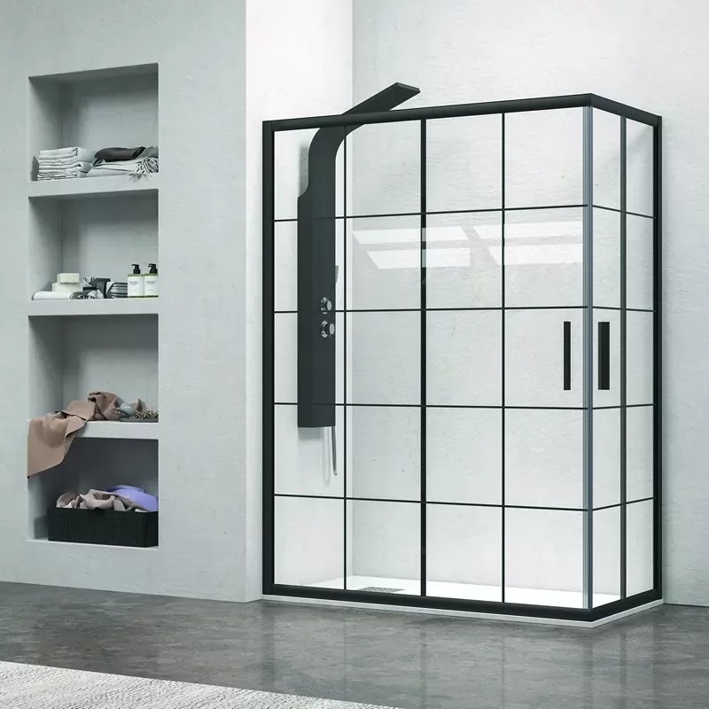 Box doccia 140x80 profili neri opachi vetro a quadrati neri NICO-B1000 - KAMALU