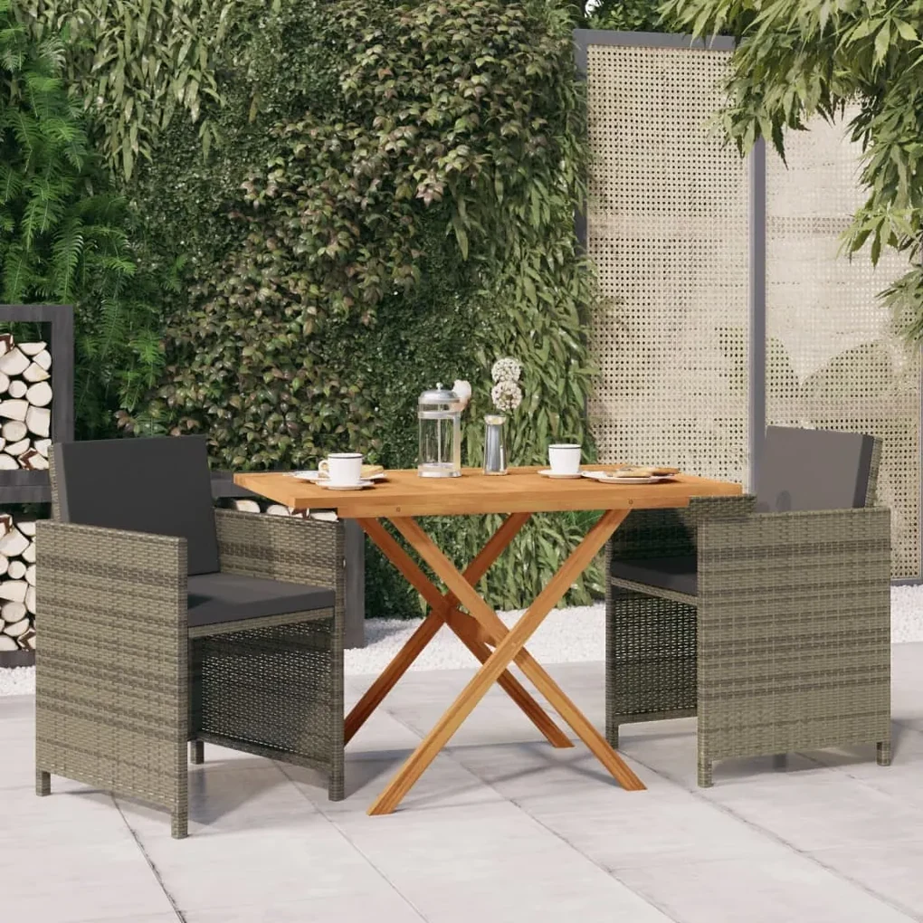 Set da pranzo per giardino 3 pz con cuscini grigio