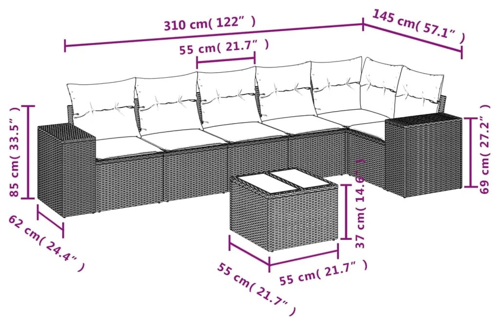 Set divani da giardino 7 pz con cuscini beige in polyrattan