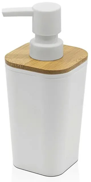 Dispenser sapone in finitura bianca opaca con dettagli in bambù