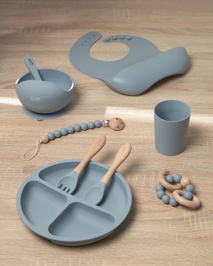 Kave Home - Set Epiphany con ciucciotto e massaggiagengive in silicone azzurro e legno