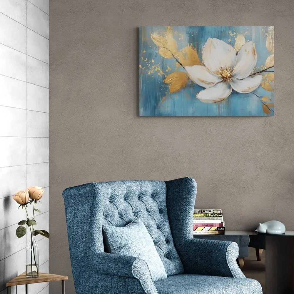 Quadro su tela – Fiore bianco con foglie dorate