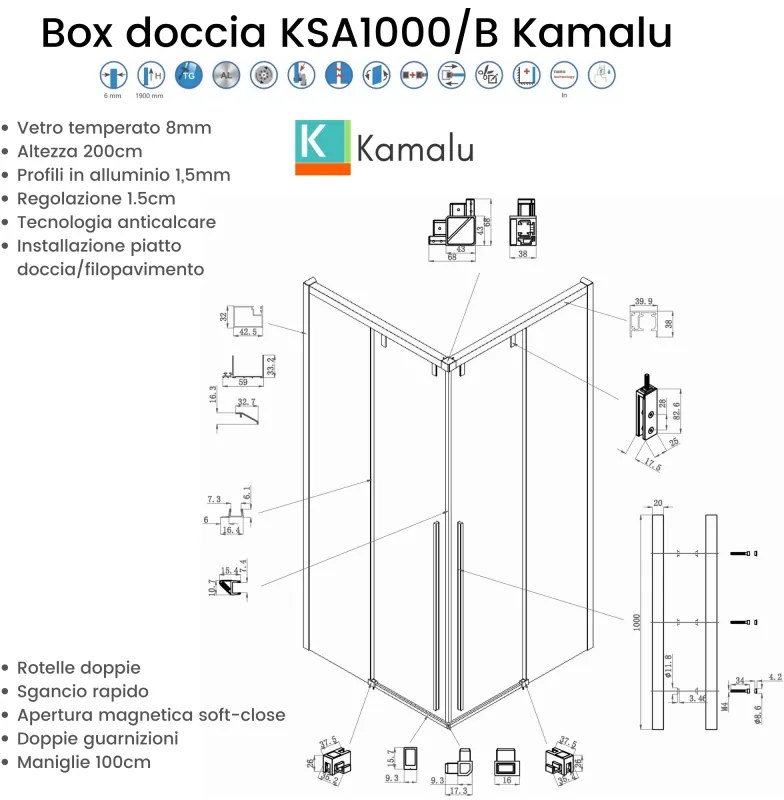 Kamalu - Box doccia 80x80 finitura acciaio spazzolato apertura doppio scorrevole vetro 8mm | KSA1000AS