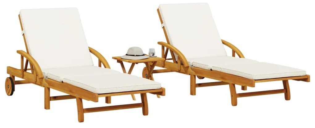 Lettini Prendisole Con Tavolino 2pz İn Legno Massello Di Acacia /