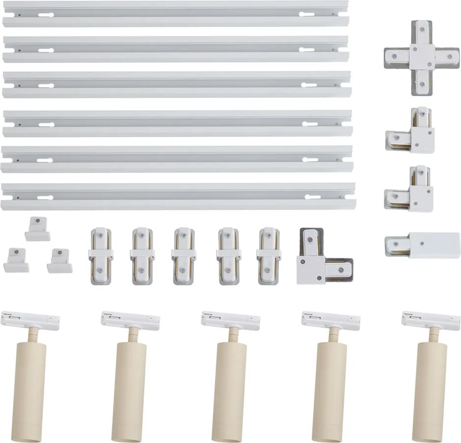 Sistema di illuminazione a binario moderno con 5 faretti bianco e beige monofase GU10 35mm - Iconic Jeana Luxe