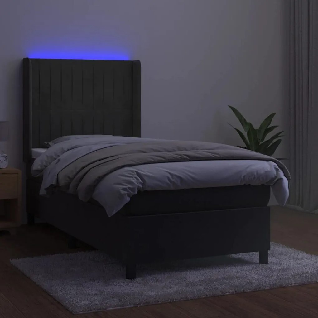 Letto a molle con materasso e led grigio scuro 90x200cm velluto