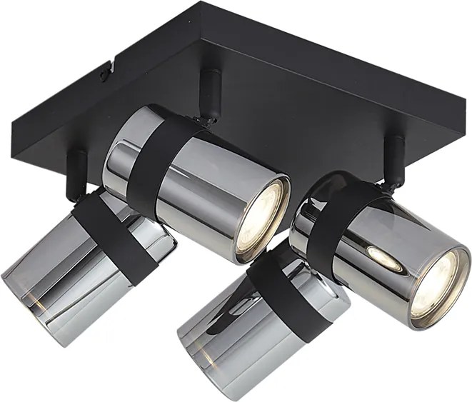 Faretto da soffitto nero con vetro fumé 4 luci ruotabile e inclinabile - Gianni