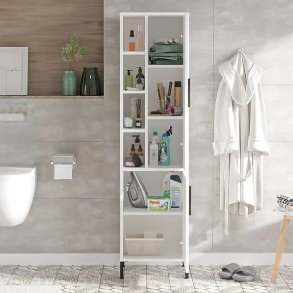 Armadio Da Bagno Multiuso 45x36x174 Con Ante E Vani Aria Bianca