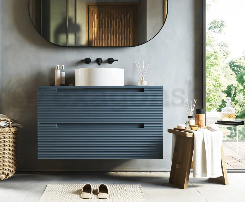 Mobile bagno sky blue 100x45 Mango due cassetti soft close con lavabo tondo da appoggio in ceramica lucida