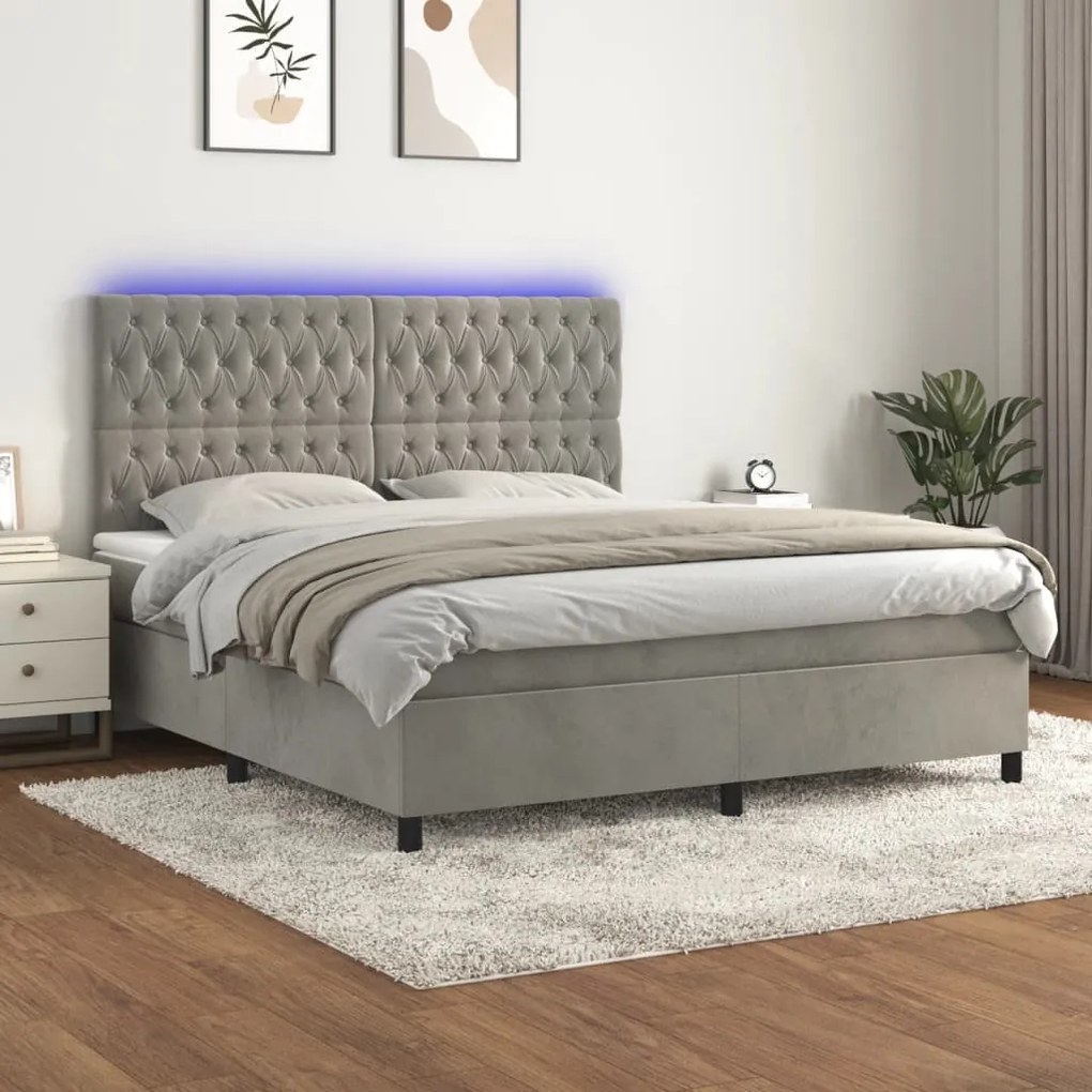 Letto a molle materasso e led grigio chiaro 160x200 cm velluto