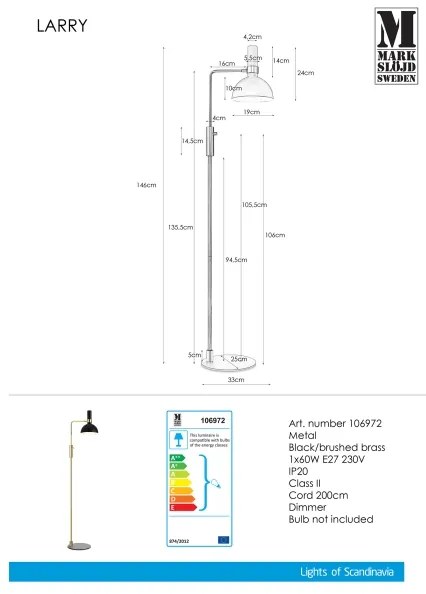 Markslöjd 106972 - Lampada da terra dimmerabile LARRY 1xE27/60W/230V nero/oro