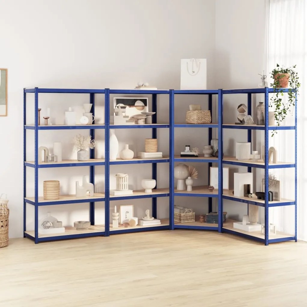 Scaffali A 5 Ripiani 4 Pz Blu İn Acciaio E Legno Multistrato /